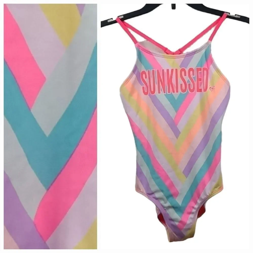 Justice Neon Pink Stripe Sunkissed 1pc Swimsuit Girls Size 10 Bathing Suit Swim